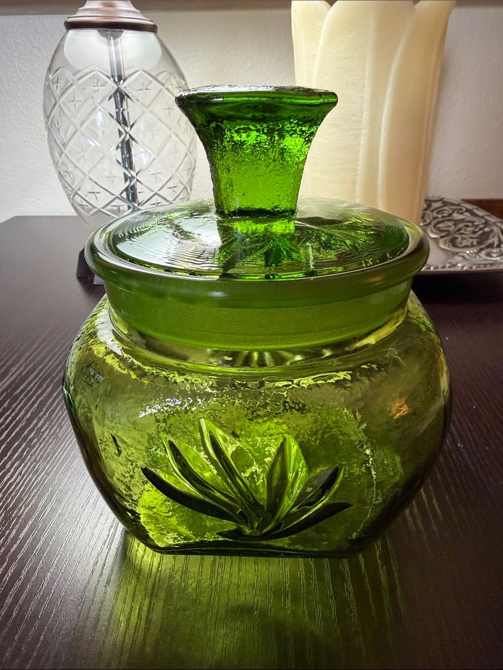 Vintage Small L.E. Smith “Sand and Scroll”. Green Glass Canister Jar with Lid.